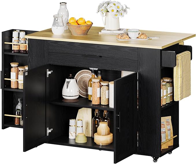 IRONCK Kitchen Island with Storage, 47.2in Rolling Island on Wheels, Kitchen Cart with Drop Leaf, Drawer and Towel Rack for Home, Dining Room