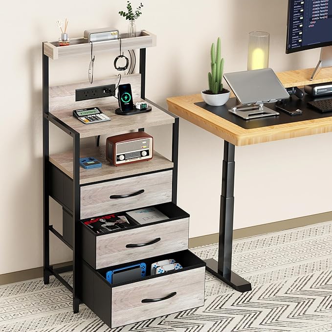 SZLHANJZ Nightstand Set of 2, Large Night Stand with LED Lights and Charging Station, 39-Inch Tall Bed Side Tables with Shelves, 3 Fabric Drawers Bedside Table for Bedroom, Greige