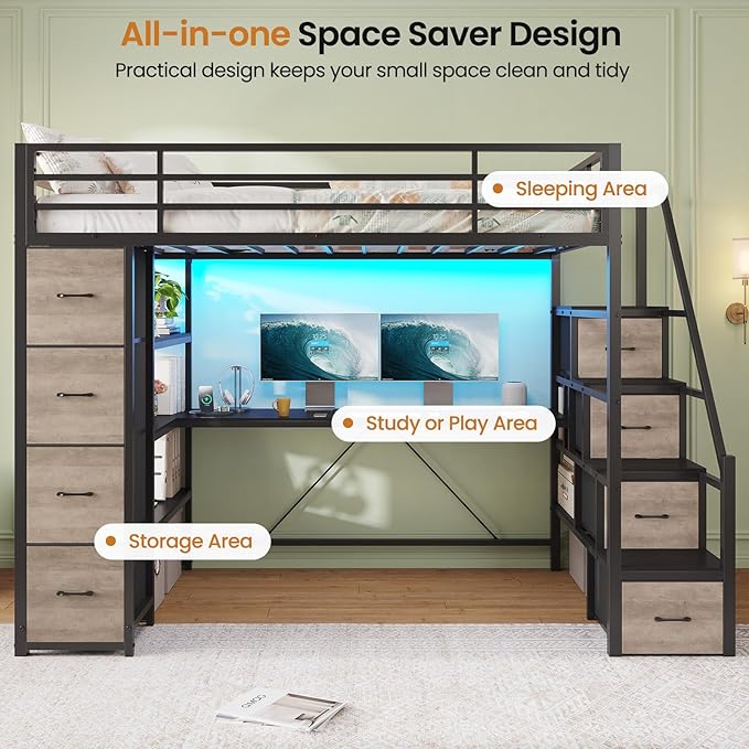 DICTAC Loft Bed Twin Size with Storage Stairs,Desk & Power Strips,Metal Twin Loft Bed with LED Lights,8 Storage Drawers & Open Shelves,Loft Beds for Kids,Teens,Adults with Safety Guardrail,Black+Grey