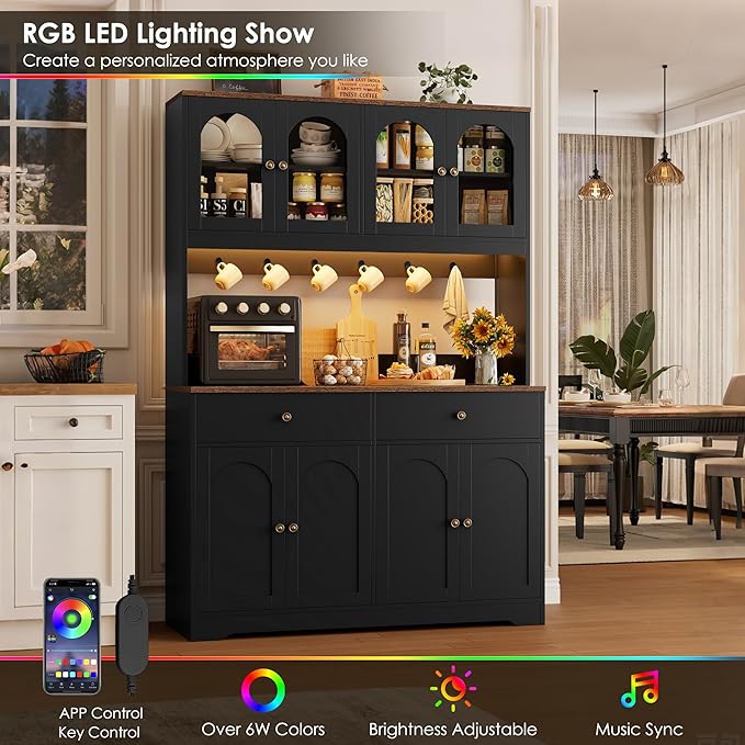 HIFIT 71" LED Kitchen Pantry Cabinet with Power Outlet, Large Kitchen Hutch Cabinet with 2 Storage Drawers & Arched Door, Countertop & Hooks, Tall China Bar for Dining Living Room (Black)