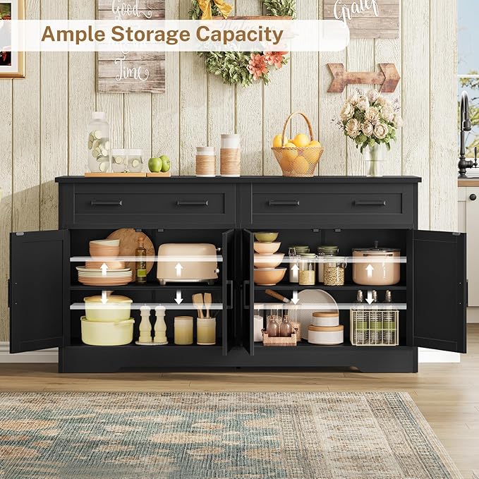 usikey Buffet Cabinet with Storage and Drawers, 55" Large Sideboard Buffet Cabinet with Adjustable Shelves and Doors, Modern Coffee Bar for Kitchen, Living Room, Black