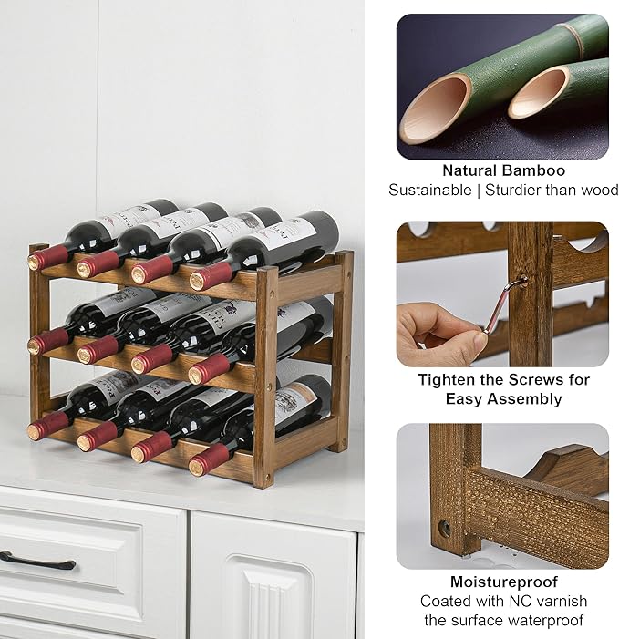 VASMIA Bamboo Wine Rack, Sturdy and Durable Wine Storage Cabinet Shelf, Wine Racks Countertop for Pantry,Kitchen,3-Tier 12 Bottles Wine Rack, Walnut