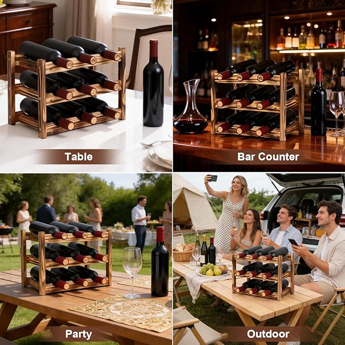 9-Bottle Wooden Wine Rack – 3-Tier Tabletop Countertop Space-Saving Wine Holder with Screwdriver Included, Easy Assembly Wine Storage Shelf for Kitchen, Bar, Pantry & Home Decor