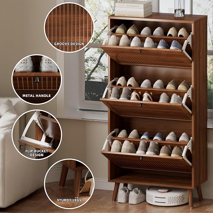 Fsbecl Shoe Storage Cabinet for Entryway with 3 Flip Drawers, Narrow Shoe Organizer with Fluted Panel, Freestanding Wood Hidden Shoe Cabinet for Hallway (Walnut, 23.6''W, Double Layer)