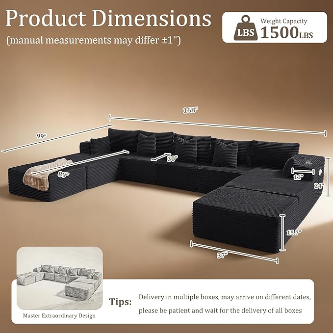 168" Cloud Sectional Couch, Comfort U Shaped Sofa for Living Room, Extra Deep Seats No Assembly, Minimalist Modular Couch, Corduroy (Black, 9 Seats,U-Shape B)