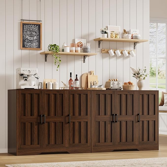 Modern Farmhouse Buffet Cabinet with Storage, 85" Large Sideboard Storage Cabinet with 6 Barn Doors, Coffee Liquor Bar Cabinet Wood Table Credenza with Adjustable Shelf for Kitchen Dining Living Room