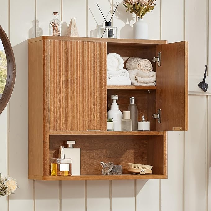 LEYAOYAO Fluted Bathroom Wall Cabinet, Wall-Mounted Medicine Cabinet with Adjustable Shelf and 2 Doors, Tea Brown Farmhouse Over the Toilet Storage Cabinets for Laundry Room, Kitchen, Living Room