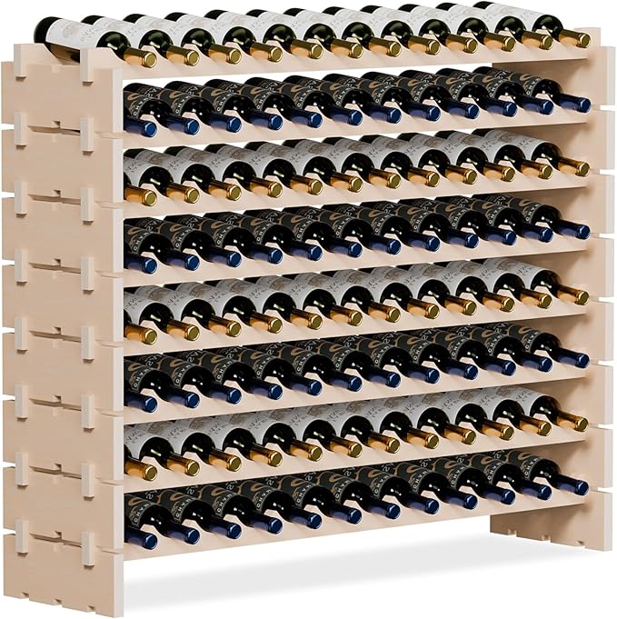 96 Bottles Stackable Modular Wine Rack, 8-Tier Wooden Wine Storage Rack Freestanding Wine Holder Display Shelves, Wobble-Free Shelves, Solid Wood