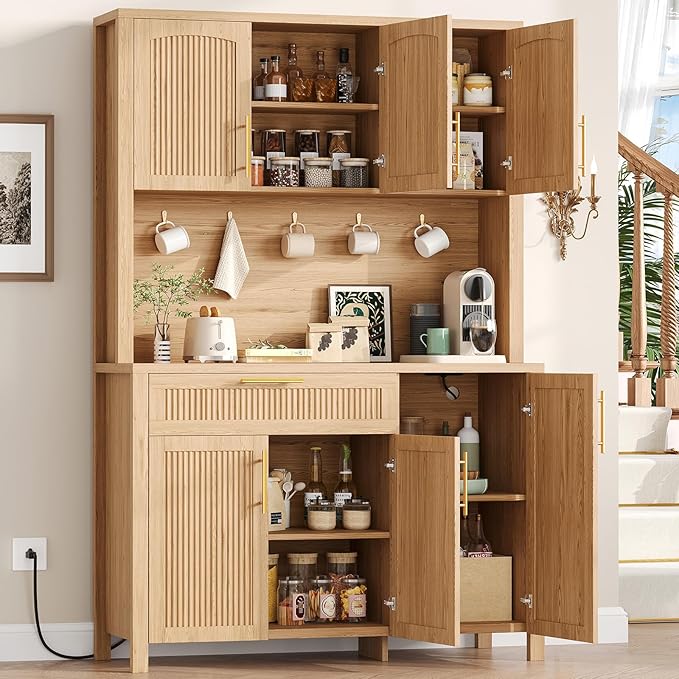 Fluted Kitchen Pantry Storage Cabinet with Charging Station, Coffee Bar Cabinet with Drawer & Adjustble Shelves, Tall Kitchen Hutch Cabinet with Microwave Stand, for Dining Room, Natural Oak