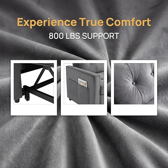 Convertible Sofa Bed, Pull Out Couch with Side Pockets, 3 in 1 Velvet Fabric Loveseat Sleeper Sofa Bed, Pull Out Couch with Adjustable Backrest for Living Room, Bedroom, Apartment, Black