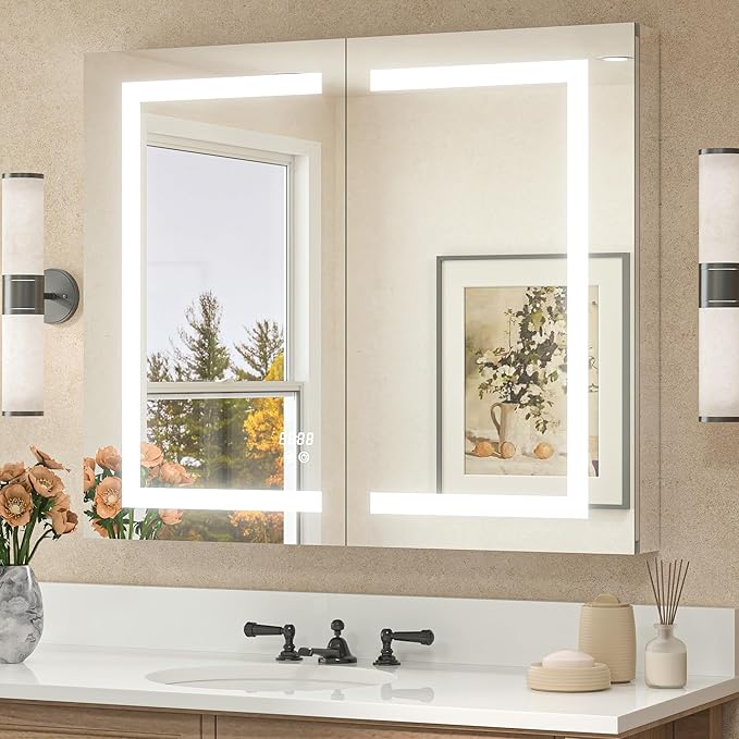 TETOTE LED Lighted Bathroom Medicine Cabinet Mirror with Lights 36 x 30 Recessed or Wall Mounted Cabinet with 2 Door, Tempered Glass, Outlets & USB, 3-Color Stepless Dimming, Defog, Adjustable Shelf