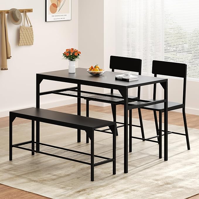 Shintenchi Kitchen Table Chairs Set of 4, Dining Table Set for 4 with Bench and Chairs, 4 Pieces Kitchen Table Set with Storage Rack & Metal Frame for Small Space, Solid Black