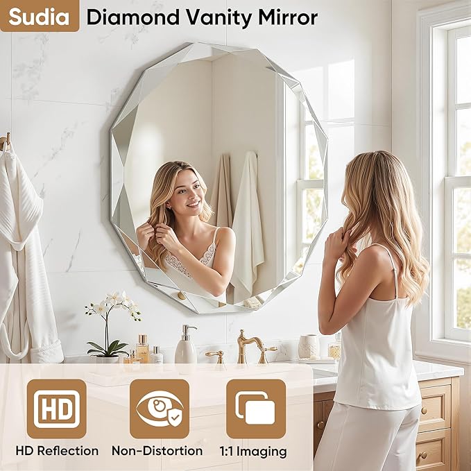 Suidia Bathroom Mirror, 20"x 20" Wall Mirror, Frameless Bathroom Mirror with Beveled Edge for Bedroom, Living Room, Entryway, Hallway, Round Shape