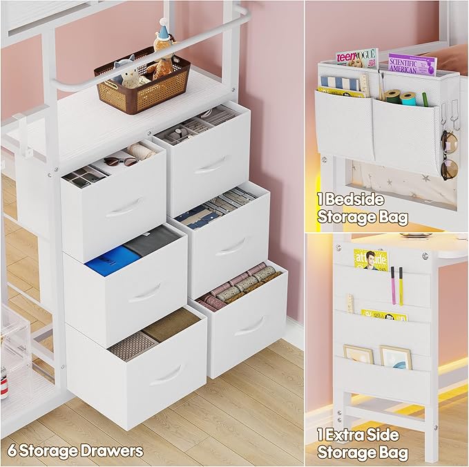 BYSAUD Full Size Loft Bed, Loft Bed with Desk, Full Loft Bed, 6 Storage Drawers & 4 Storage Shelves & 2 Storage Bags, LED Lights & Charging Station, Safety Guard & Ladder, Noise Free, White