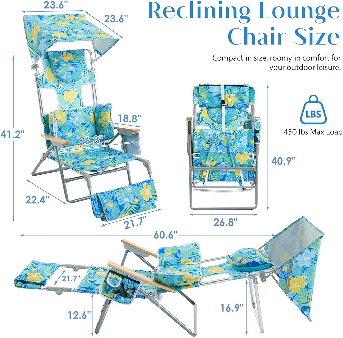 5-Positon Backpack Beach Chair, Portable Folding Tanning Chair, Double Shoulder Straps Beach Lounge Chair with Footrest, Face Hole, Towel Bar for Camping (Yellow Green, 60.6" with Canopy)