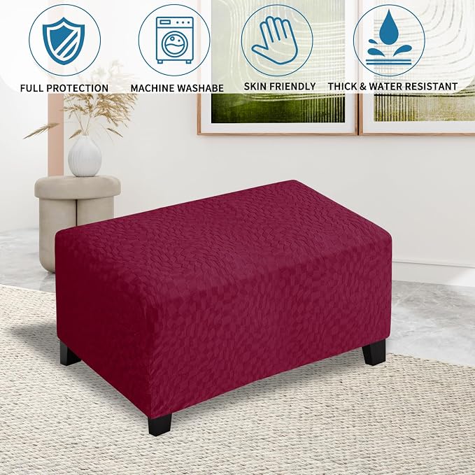 ZNSAYOTX 2026 Rectangle Ottoman Cover (L:35"-45") Super Stretch Soft Footrest Slipcover Form Fit, Universal Folding Foot Stool Covers with Non-Slip Elastic Band, Fashion Jacquard Texture, Wine Red
