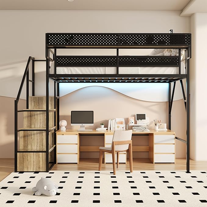 Full Size Metal Loft Bed with Storage Shelf Built-in USB Port, Heavy Duty Loft Bed w/Storage Stairs & Wardrobe+ LED Lights for Bedroom, Large Under-Bed Area, Noise Free, No Box Spring Needed