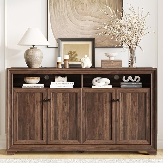 ONBRILL 60 Inches Sideboard Buffet Cabinet with Storage, 4 Doors Large Sideboard, Kitchen Cabinet with Open Shelf & Adjustable Shelf, Kitchen Coffee Bar Console Table for Living Room, Hallway, Brown