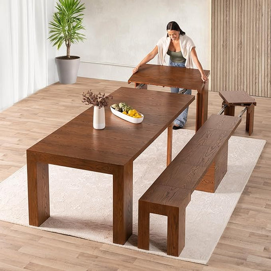 Transformer Table - Solid Wood Extendable Dining Table, Seats 2-12, Expandable Dining Room Table, Space-Saving Furniture, Kitchen and Dining Room Furniture (Brown, Table + Bench)