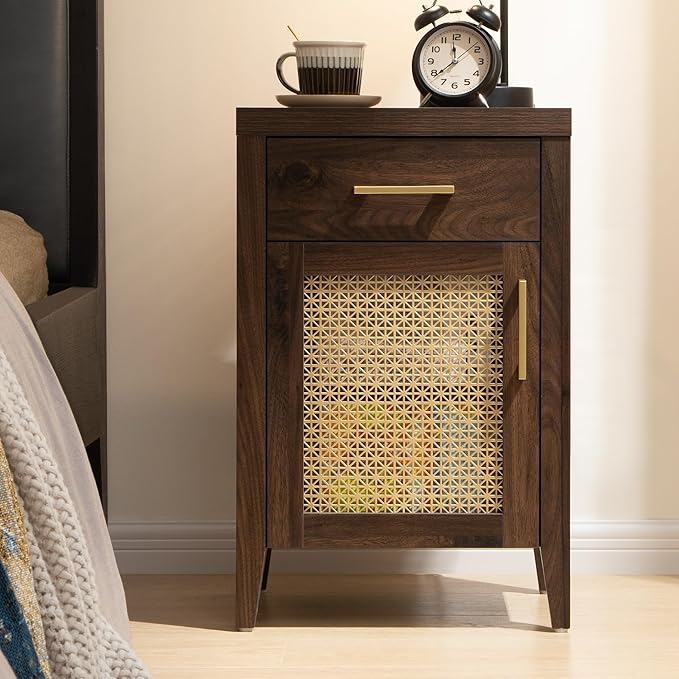 SICOTAS Tall Nightstands Set of 2 with Drawer, Mid Century Modern Wooden Night Stand Rustic Bedside Tables with Storage, Vintage End Tables with Metal Mesh Door for Bedroom, Espresso Walnut