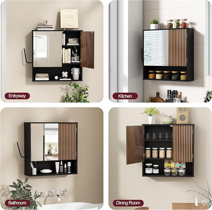Bathroom Wall Cabinet With Mirror,wall mounted bathroom cabinet,Medicine Cabinet with 2 Door ,Side Hook,Light and Adjustable Shelves,Black Cabinet with Wood Grain,Over The Toilet Space Saver Cabinet.