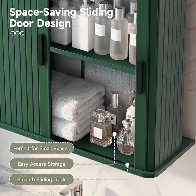 weselon Fluted Wall Mounted Bathroom Cabinet with Sliding Doors, Medicine Cabinet Storage for Over the Toilet, Space Saver Organizer for Small Bathroom Laundry Kitchen (Green)