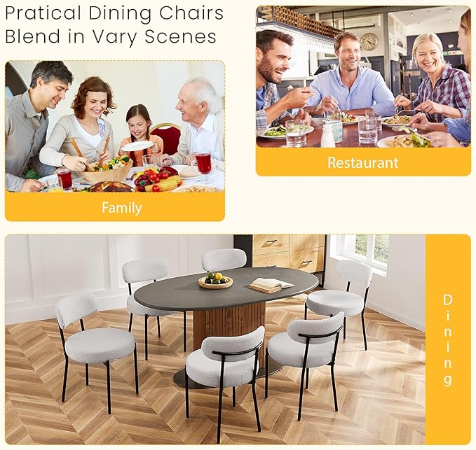 DUMOS Dining Chairs Set of 6, Mid Century Modern Chair Round Upholstered Curved Backrest, Kitchen Vanity Living Room Chairs with Black Metal Legs，Light Grey