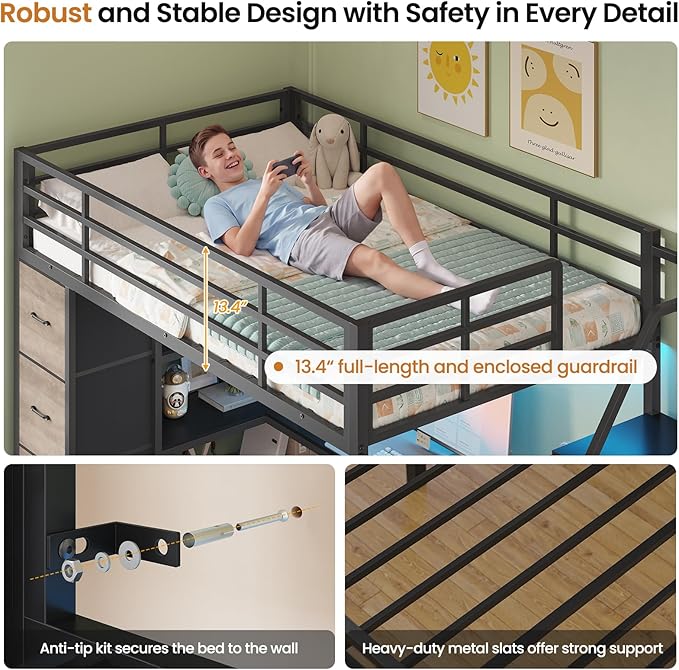 DICTAC Loft Bed Twin Size with Storage Stairs,Desk & Power Strips,Metal Twin Loft Bed with LED Lights,8 Storage Drawers & Open Shelves,Loft Beds for Kids,Teens,Adults with Safety Guardrail,Black+Grey