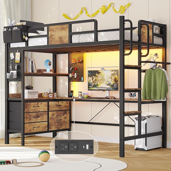 Dnxao Loft Bed Twin Size with L-Shaped Desk and 5 Storage Drawers, LED Metal Twin Loft Bed for Teens & Adults, Space-Saving Workstation with Charging Station for Small Bedroom & Dorm, Rustic Brown