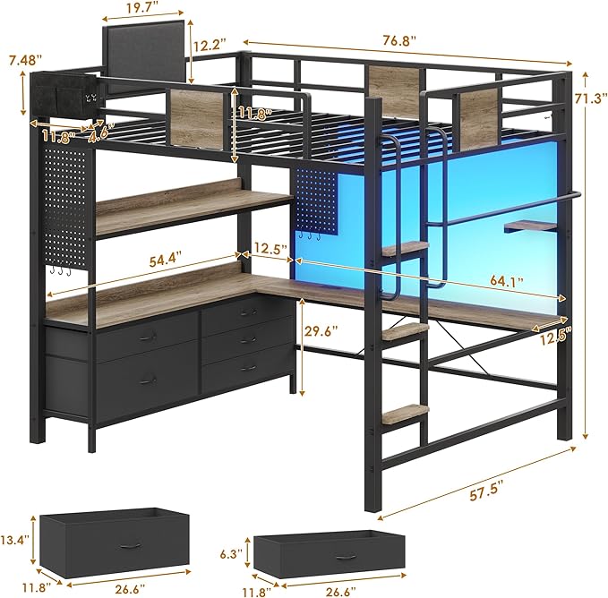 Dnxao Full Loft Bed with Desk and 5 Storage Drawers, Loft Bed Full Size with 1 Bedside Organizer,Removable Ladder, LED Lights and Charging Station,Clothes Rail,Safety Guard,Oak Gray