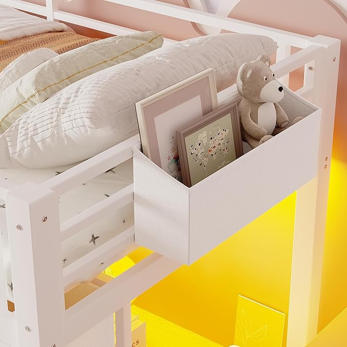 Bellemave Twin Size Loft Bed with 9 Non-Woven Fabric Storage Drawers, Low Loft Bed with Stairs and Lights, Twin Loft Beds with High Rails, Noise Reduced White