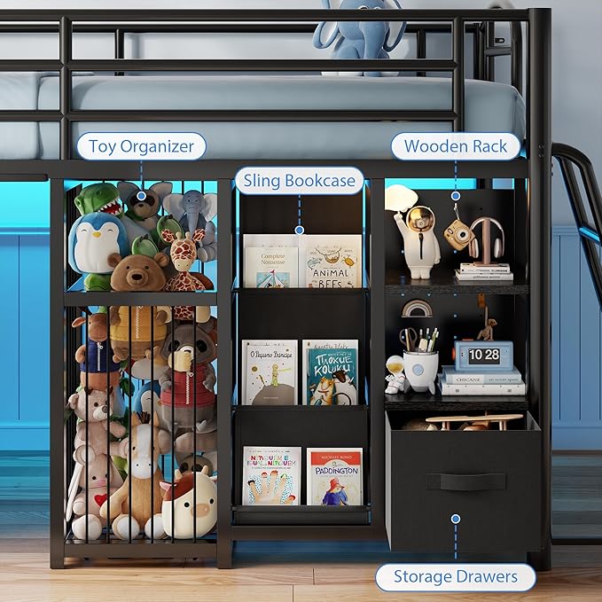 Low Loft Bed Twin Size with 4 Storage Drawers and LED Lights, Twin Loft Bed with Sling Bookcase & Toy Storage, Kids Twin Beds with Anti-Collision Pad & Play Curtain, Under-Bed Play Space, Black