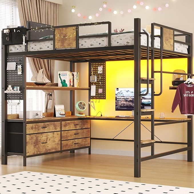 BYSAUD Full Size Loft Bed with Desk and 5 Drawers, Stable Metal Loft Bed Frame with Upholstered Backrest, Stairs, Power Outlet & LED Lights, Noise Free Space-Saving Design, Rustic Brown