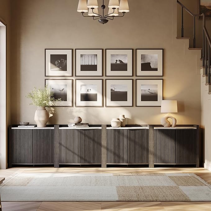BELLEZE Set of 4 Modular Sideboard Buffet Cabinet with Storage,140 Inch Modern Credenza with Adjustable Shelves, Fluted Black Console Table with Faux Marble Panel for Kitchen, Entryway, Dining Room
