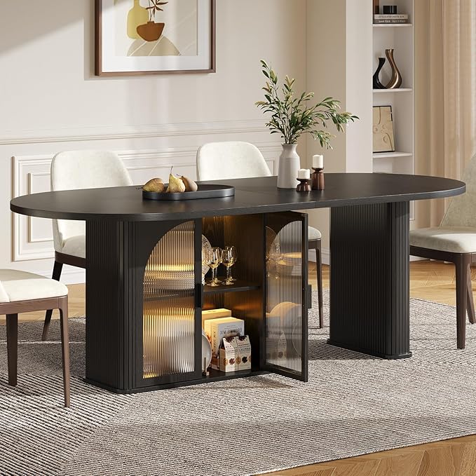 ONBRILL 70 Inch Oval Dining Table for 6-8, Modern Dining Room Table with 2-Tier Storage Space, Wood Kitchen Table with LED Light, Dinner Table with Heavy Duty Legs, Black