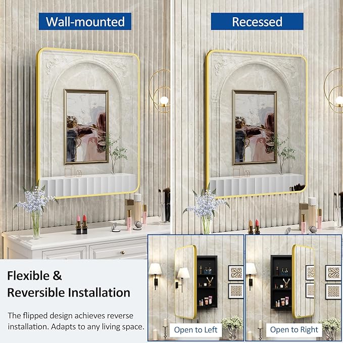 ACEMIRO 24x30 Inch Bathroom Medicine Cabinet with Mirror Gold Metal Framed Recessed or Surface Wall Mounted Mirrored Medicine Cabinets for Bathroom