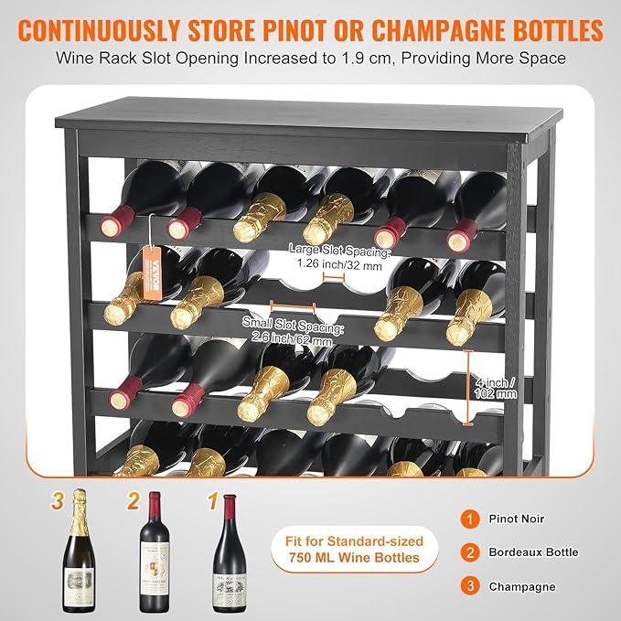 VEVOR 42 Bottle Modular Wine Rack, 7-Tier Solid Bamboo Wood Storage Racks with Table Top, Floor Freestanding Wines Holder Display Shelf, Wobble-Free Shelves for Kitchen, Bar, and Cellar (Black)