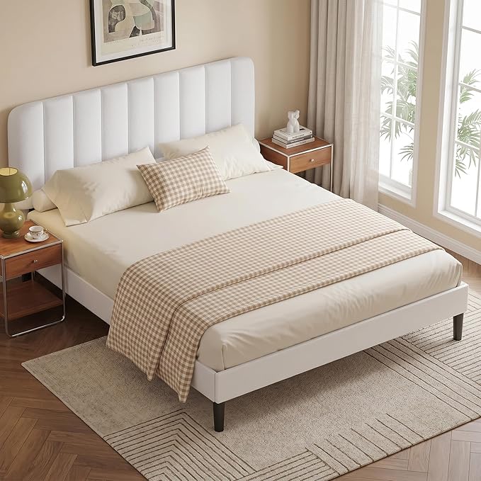 VECELO Full Size Bed Frame with Upholstered Headboard, Velvet Platform Bedframe Mattress Foundation, Strong Wood Slat Support, No Box Spring Needed,White
