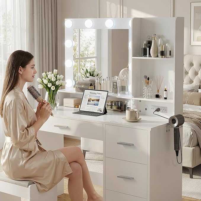 YESHOMY 39" Vanity Desk with Mirror & Lights, Makeup Vanity Table with Power Outlet & Storage Drawers, 3 Color LED Lighting, Dressing Table for Bedroom,Snow White