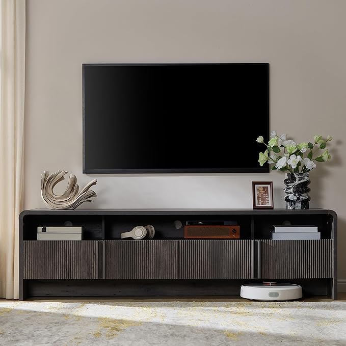 AMERLIFE 70" Modern TV Stand for TVs up to 80", Fluted Wood Entertainment Center with Storage Cabinets, Media Console Table for Living Room, Black