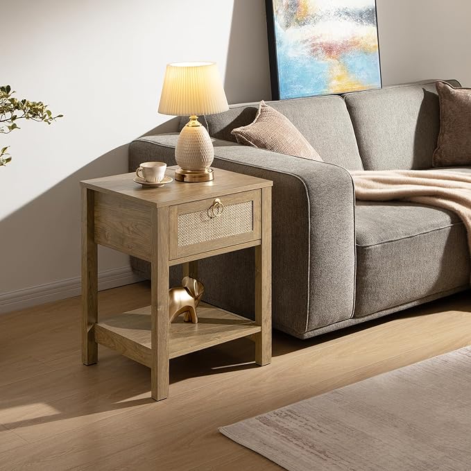 SICOTAS Rattan Nightstand,Rattan Decor Drawer with Brass Knobs Night Stand Bedside Table Boho End Tables Side Tables with Storage Shelf for Bedroom,Small Space