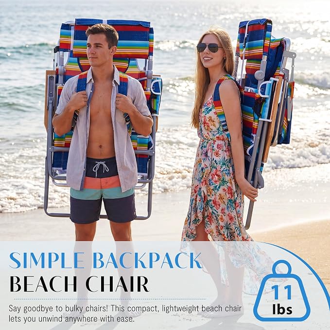 5-Positon Backpack Beach Chair, Portable Folding Tanning Chair, Double Shoulder Straps Beach Lounge Chair with Footrest, Face Hole, Towel Bar for Camping (Red Blue, 60.6")