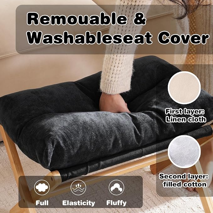 Baveke Ottoman Foot Rest- Bamboo Foldable Stool, Foot Stools Small Ottman with Upholstered & X Legs, Folding Stool for Makeup, Bedroom and Living Room, FSC-Certified (Black)