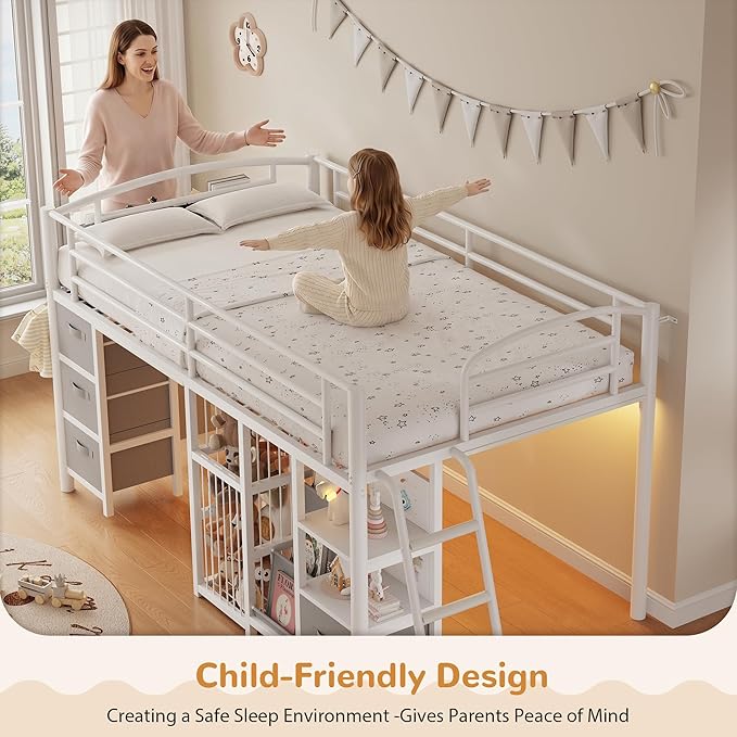 Low Loft Bed Twin Size with 4 Storage Drawers and LED Lights, Twin Loft Bed with Sling Bookcase & Toy Storage, Kids Twin Beds with Anti-Collision Pad & Play Curtain, Under-Bed Play Space, White+Grey