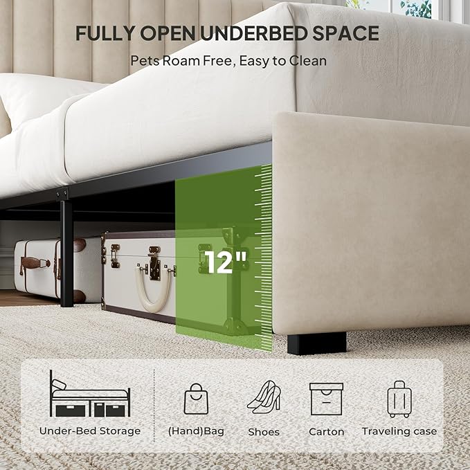 Welzona Twin Size Bed Frame with Headboard, Kids Velvet Upholstered Metal Platform Bed with Vertical Channel Tufted Headboard, 3-Level Height, Metal Slat Support, Noise-Free Easy Assembly, White