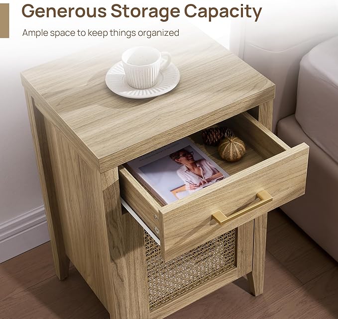 SICOTAS Tall Nightstands Set of 2 with Drawer - Farmhouse Night Stand Bedside Tables with Storage, Wooden End Tables with Metal Mesh Door and Adjustable Shelf for Bedroom, Light Walnut