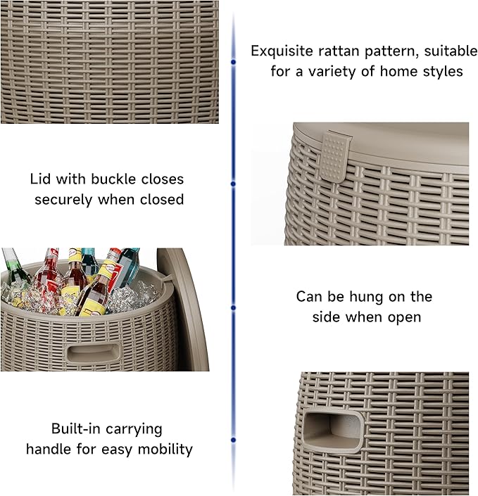 EasyUp 9.5 Gallon Outdoor Cooler Table, Wicker Round Ice Bucket for Parties, Rattan Bar Table with Top Lid Side Handles Drainage Plug, Beer Wine Cooler Side Tables for Patio, Poolside, Deck, Grey