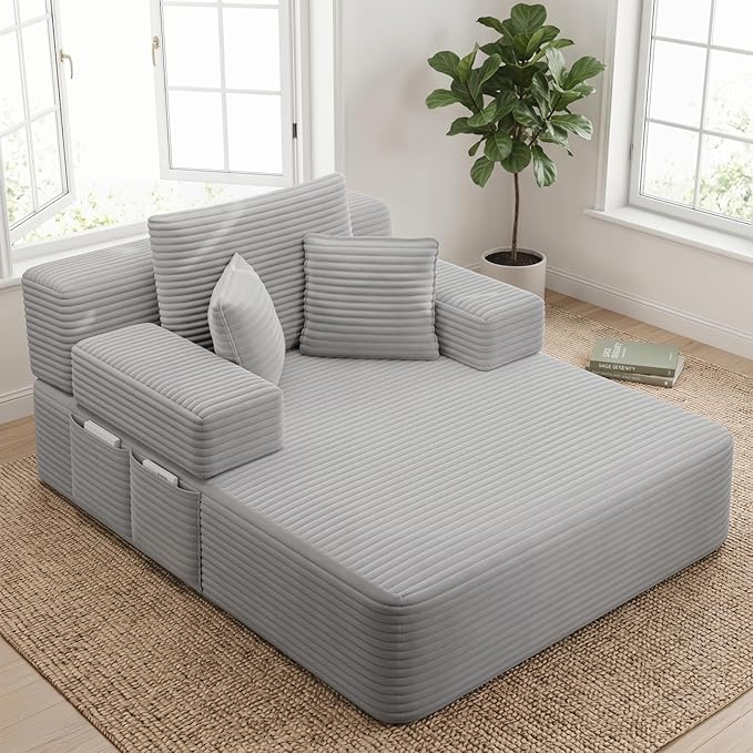 Oversized Boneless Chaise Sofa Bed, Corduroy Chaise Lounge Chair Indoor with Storage Pockets, Upholstered Cloud Sleeper Chair Bed for Small Space, Living Room, Bedroom, Apartment, Light Grey