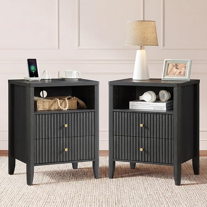 Fluted Nightstand with Charging Station Set of 2, 21" Wide Modern Bedside Table with 2 Drawers & Open Shelf, Wood End Table with Storage & Metal Handle for Bedroom, Small Spaces, Black Grey