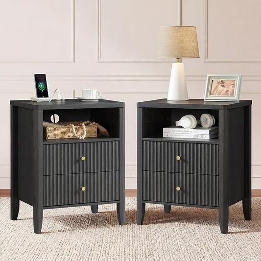 Fluted Nightstand with Charging Station Set of 2, 21" Wide Modern Bedside Table with 2 Drawers & Open Shelf, Wood End Table with Storage & Metal Handle for Bedroom, Small Spaces, Black Grey